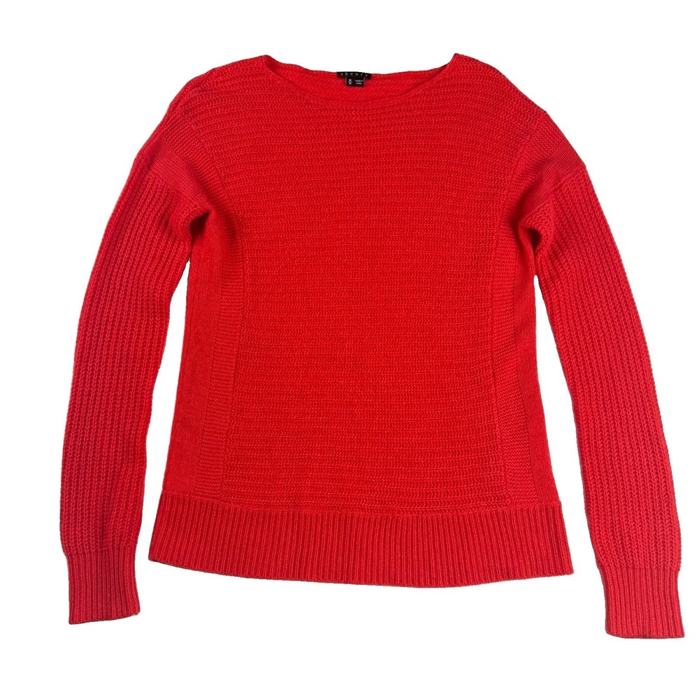 Theory Jilliane 100% Cashmere Coral Red Textured Boat Neck Sweater Size M